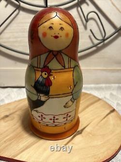 Russian 2011 Nesting Doll Country Lady with Chicken Hand Painted 8 Pcs Signed