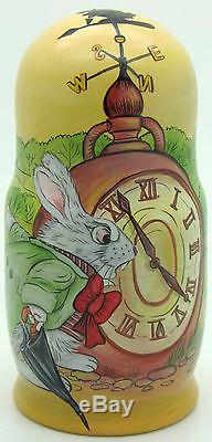 Russian 5 Matryoshka dolls ALICE WONDERLAND Mad Hatter White Rabbit March Hare
