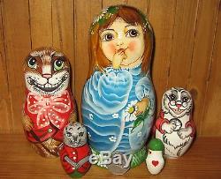 Russian 5 Nesting dolls Fairy Tale ALICE IN WONDERLAND CHESHIRE CAT WHITE RABBIT