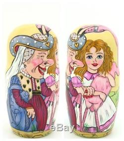 Russian 5 stacking dolls ALICE IN WONDERLAND Mad Hatter White Rabbit March Hare