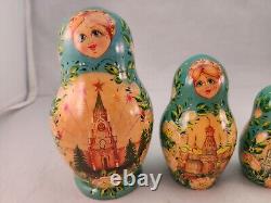 Russian 7 Piece Nesting Matryoshka Dolls Gold Foil Hand Painted Buildings Floral