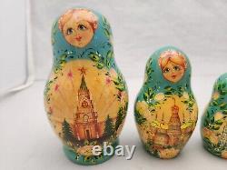 Russian 7 Piece Nesting Matryoshka Dolls Gold Foil Hand Painted Buildings Floral