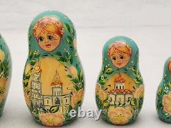 Russian 7 Piece Nesting Matryoshka Dolls Gold Foil Hand Painted Buildings Floral