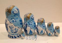 Russian 7 Ps Set Nesting Doll-gzhel Style Tea Party Blue And White Patterns