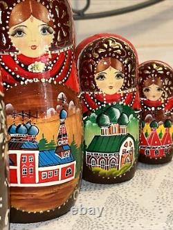 Russian Architecture Hand Painted Matryoshka Nesting Doll 5 Pce 7 Signed