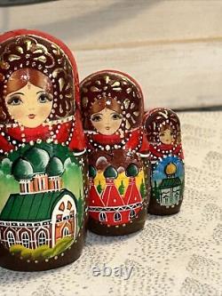 Russian Architecture Hand Painted Matryoshka Nesting Doll 5 Pce 7 Signed