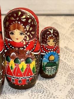 Russian Architecture Hand Painted Matryoshka Nesting Doll 5 Pce 7 Signed