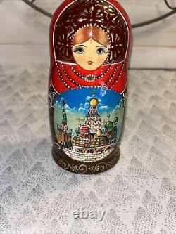 Russian Architecture Hand Painted Matryoshka Nesting Doll 5 Pce 7 Signed