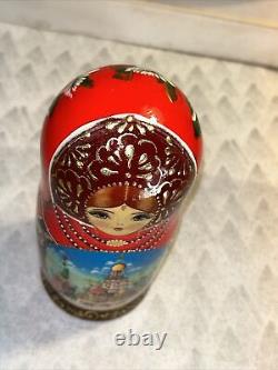 Russian Architecture Hand Painted Matryoshka Nesting Doll 5 Pce 7 Signed