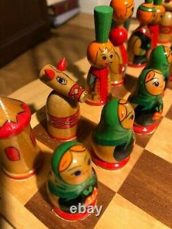 Russian Art Wood Matryoshka Nesting Dolls Chess Set Hand Maid