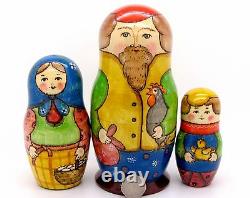 Russian BIG Nesting Doll Matryoshka 3 HAND PAINTED Dad Mum Son & Chicken RYABOVA