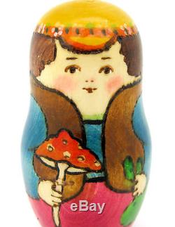 Russian BIG nesting doll 3 HAND PAINTED Dad & Mushrooms Mama Strawberry RYABOVA