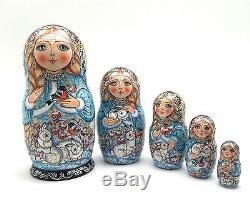 Russian Beauty Snow Maiden with baby rabbits Nesting Doll Hand Painted Signed Art