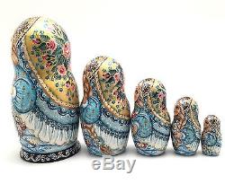 Russian Beauty Snow Maiden with baby rabbits Nesting Doll Hand Painted Signed Art
