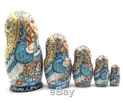 Russian Beauty Snowmaiden with baby rabbits Nesting Doll Hand Painted Signed