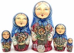 Russian Doll Nesting Matryoshka OOAK GIRLS & flowers signed Babushka