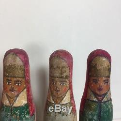 Russian Dolls Folk Art Skittle x 8 Hand Painted Marked Soviet Union 1920 1930