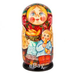 Russian Dolls with Pierogi 7 pc 8 Wood. Babushka Nesting Dolls FREE US Shipping