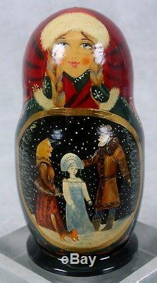 Russian Fairy Tale Snow Maiden Nesting Doll 5 Pcs Signed Santa Hat Matryoshka