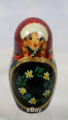 Russian Fairy Tale Snow Maiden Nesting Doll 5 Pcs Signed Santa Hat Matryoshka