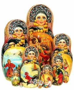 Russian Fairytale 10 Piece Nesting Doll Zhar Ptitsa Large Wooden Hand Painted