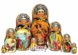 Russian Fairytale 10 Piece Nesting Doll Zhar Ptitsa Large Wooden Hand Painted