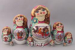 Russian Fedoskino Style 10 Nest. Doll Hand Painted Watercolor Russian Winter