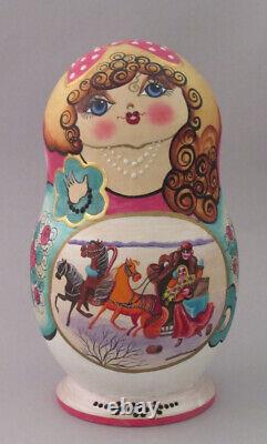 Russian Fedoskino Style 10 Nest. Doll Hand Painted Watercolor Russian Winter