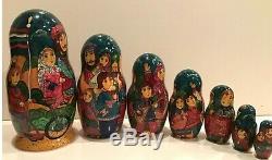 Russian Fedoskino Style 7 Nest. Doll Russian Fair O. Shiryaeva Painted Round