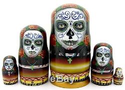 Russian HAND PAINTED nesting dolls 5 Day of the Dead SUGAR SKULL GIRLS Calavera