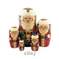Russian Hand Carved Painted Matryoshka Santa Claus Dolls 5 Nested 6 3/4 Tall