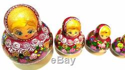 Russian Hand Painted Carved Matreshka Nesting Dolls 10 Pc Detailed Set 143 Gram