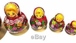 Russian Hand Painted Carved Matreshka Nesting Dolls 10 Pc Detailed Set 143 Gram