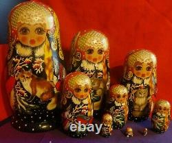 Russian Hand Painted Gold/Red Nesting Dolls 9 Doll Set Signed Iohyehkoba G