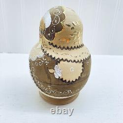 Russian Hand Painted Matrjoska Nesting Dolls 8 Pieces Gold Brown Signed