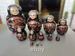Russian Hand Painted Matryoshka Nesting Dolls 12 Pieces Red/Black