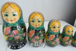 Russian Hand Painted NESTING DOLLS Matryoshka Babushka 10 Set Vtg Signed 1995