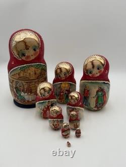Russian Hand Painted Nesting Doll Matrioshka Vintage City Scenes Signed 10 Dolls