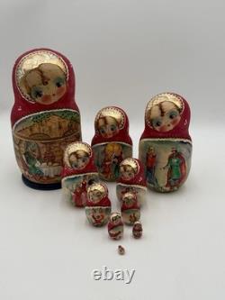 Russian Hand Painted Nesting Doll Matrioshka Vintage City Scenes Signed 10 Dolls