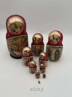 Russian Hand Painted Nesting Doll Matrioshka Vintage City Scenes Signed 10 Dolls