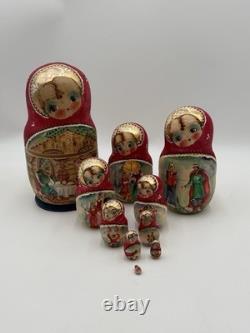 Russian Hand Painted Nesting Doll Matrioshka Vintage City Scenes Signed 10 Dolls