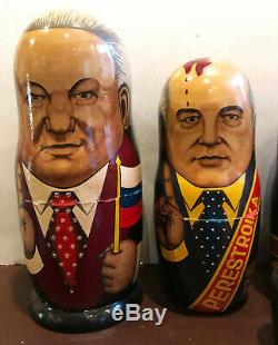 Russian Hand Painted Nesting Doll Matryoshka 10 pcs Yeltsin, Gorbachev, Brezhnev