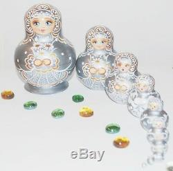 Russian Hand Painted Silver Nesting Dolls Set of 10, Artist signed, 5.5