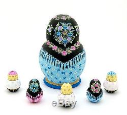 Russian KOROBEINIKI HAND PAINTED 6 SMALL nesting dolls BLUE Babushka Girls Boys