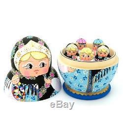 Russian KOROBEINIKI HAND PAINTED 6 SMALL nesting dolls BLUE Babushka Girls Boys