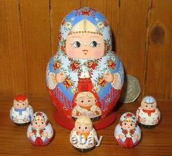 Russian KOROBEINIKI HAND PAINTED 6 nesting dolls MITINA Girls Boys Orange Blue