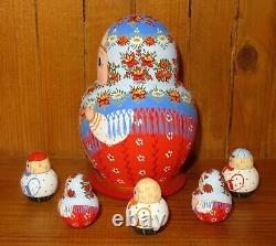Russian KOROBEINIKI HAND PAINTED 6 nesting dolls MITINA Girls Boys Orange Blue