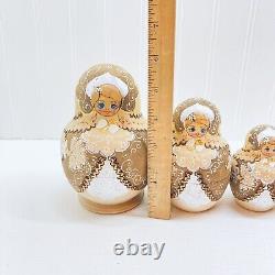 Russian Matrjoska Nesting Dolls 8 Pieces Gold Brown Signed