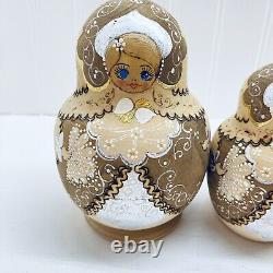 Russian Matrjoska Nesting Dolls 8 Pieces Gold Brown Signed