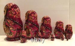 Russian Matryoshka 10 Nest Doll Cats Family Crafts Hand Painted Signed 9.75